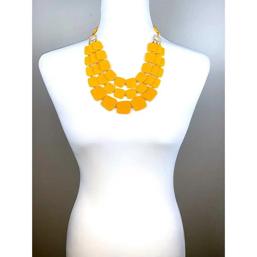 Vintage 1970's Multistrand Mustard Yellow Acrylic Square Statement Necklace